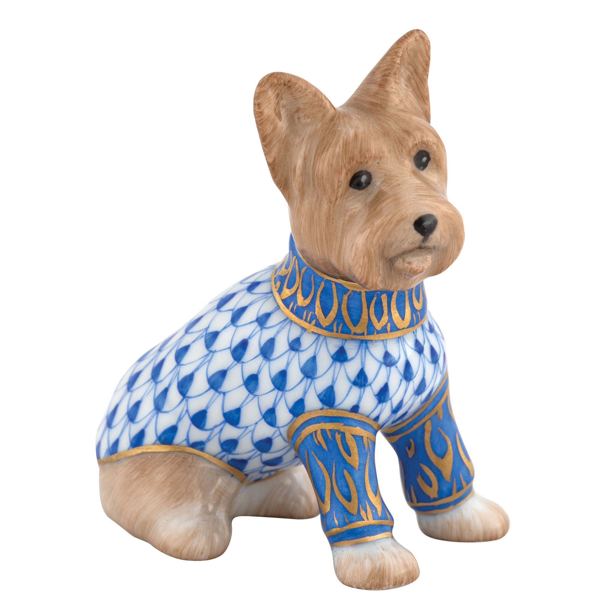 Herend Yorkshire Terrier Figurine porcelain figurine painted in the Sapphire fishnet pattern