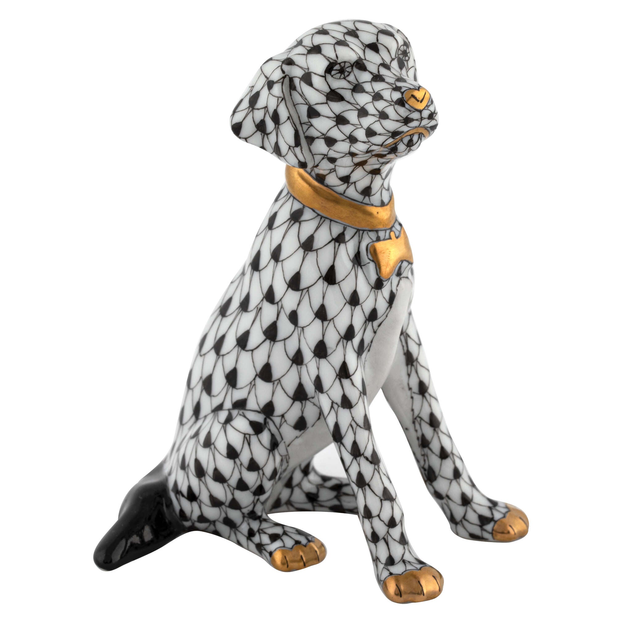 Herend Young Golden Figurine porcelain figurine painted in the Black fishnet pattern