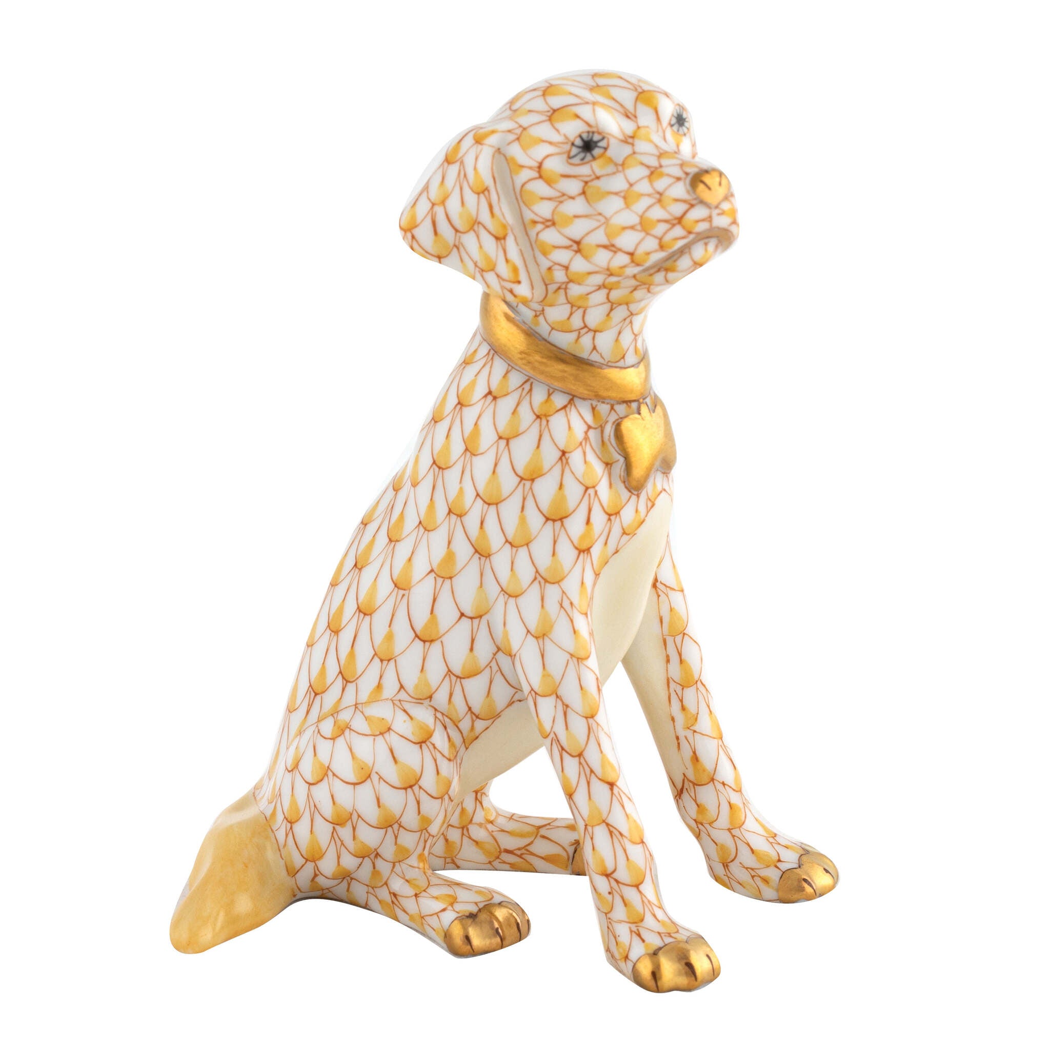 Hand-painted Herend Young Golden Figurine in Butterscotch fishnet porcelain on a white background