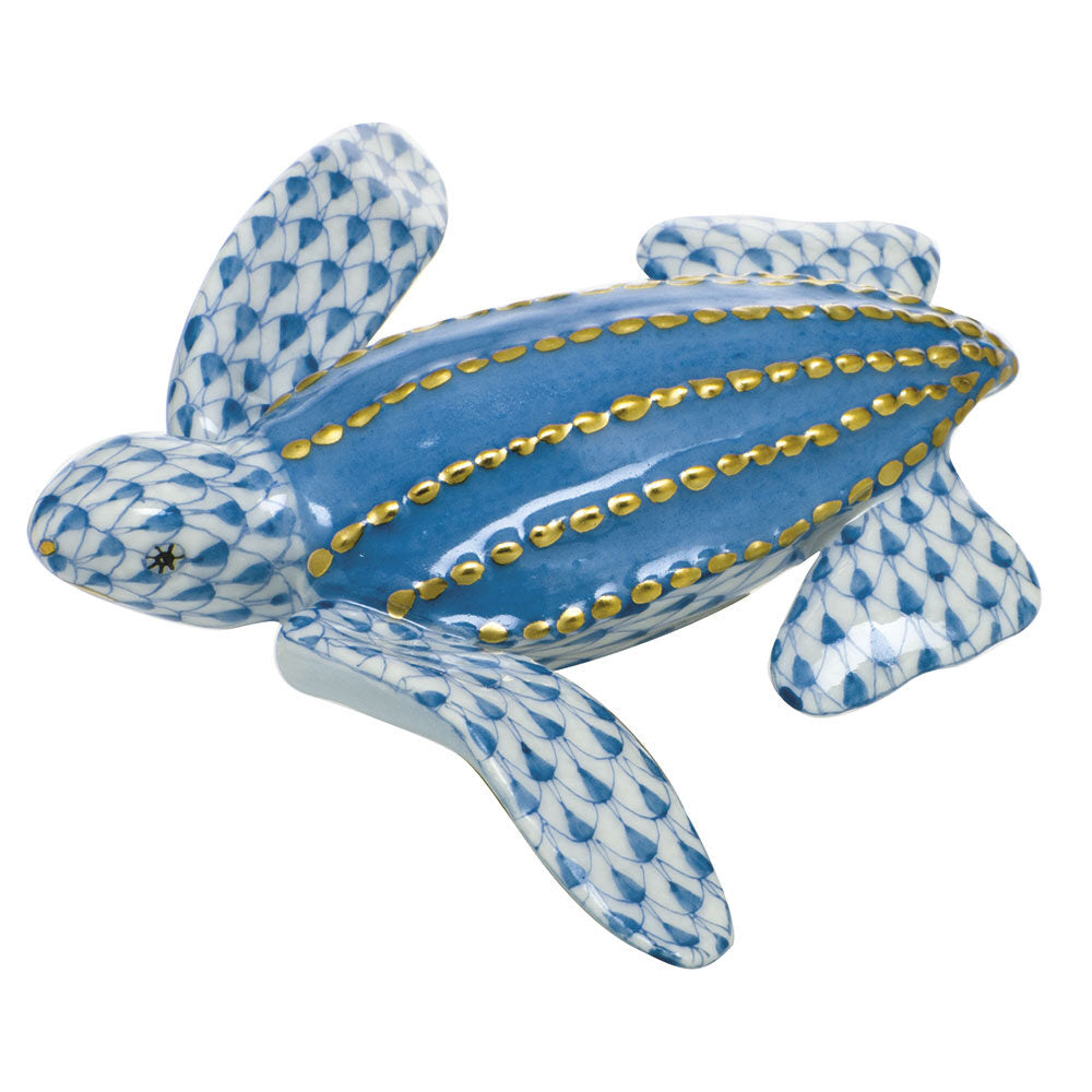 Young Leatherback Turtle Figurine in hand-painted Blue porcelain by Herend of Hungary