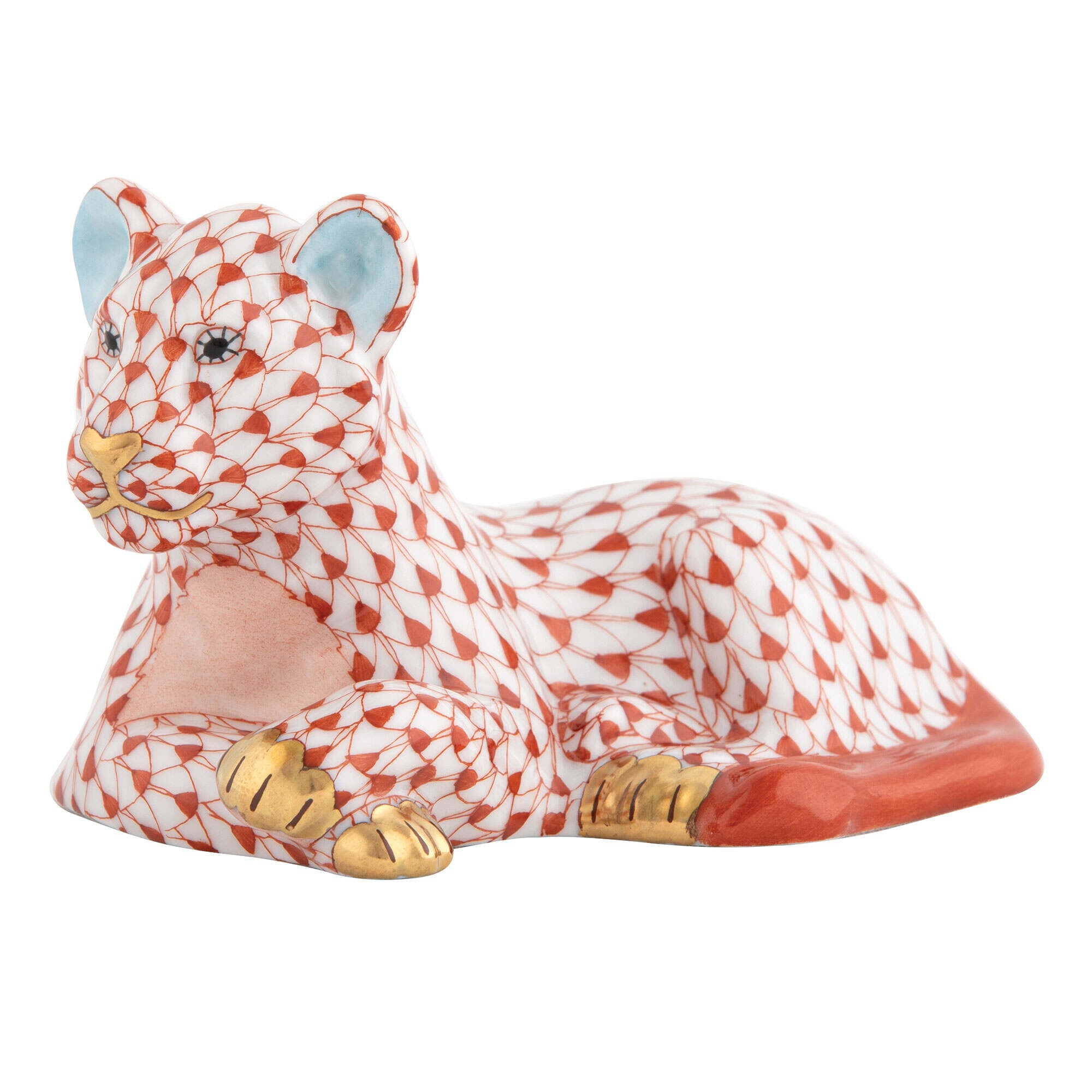 Hand-painted Herend Young Lion Figurine in Rust fishnet porcelain on a white background