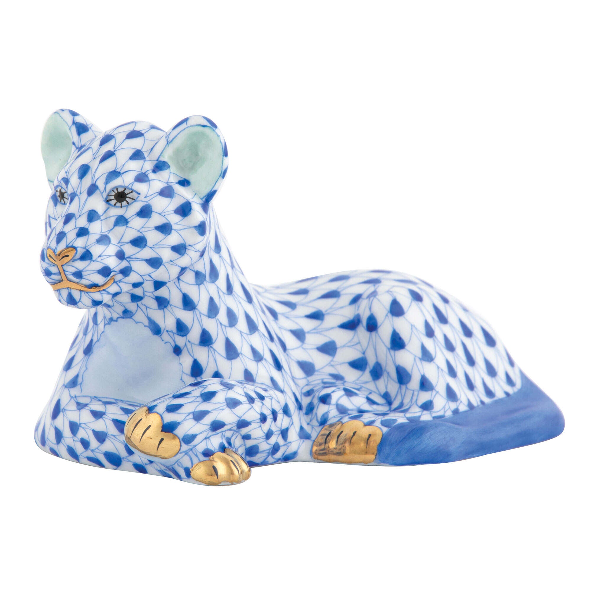 Herend Young Lion Figurine porcelain figurine painted in the Sapphire fishnet pattern