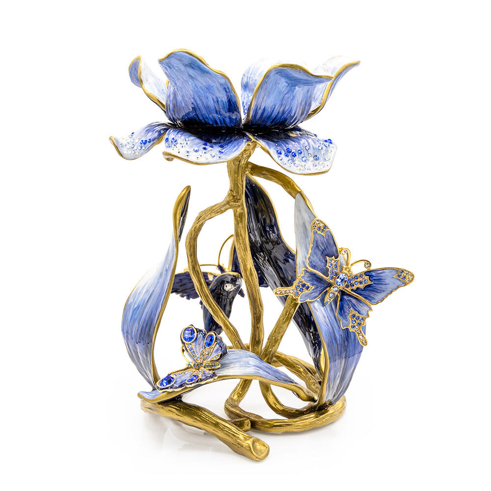Jay Strongwater Meredith Floral 9" Pillar Candle Holder Delft Garden Candleholder
