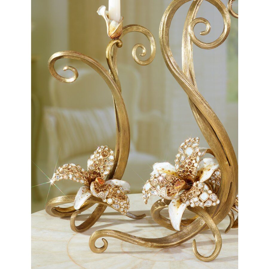 Jay Strongwater Mirabelle Orchid Single Candlestick Golden Candlestick Holder, alternate view