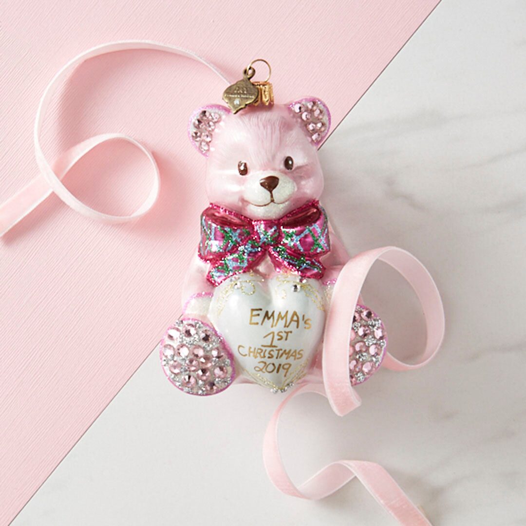 Jay Strongwater Personalized Baby's First Christmas Teddy Glass Ornament - Pink, alternate view