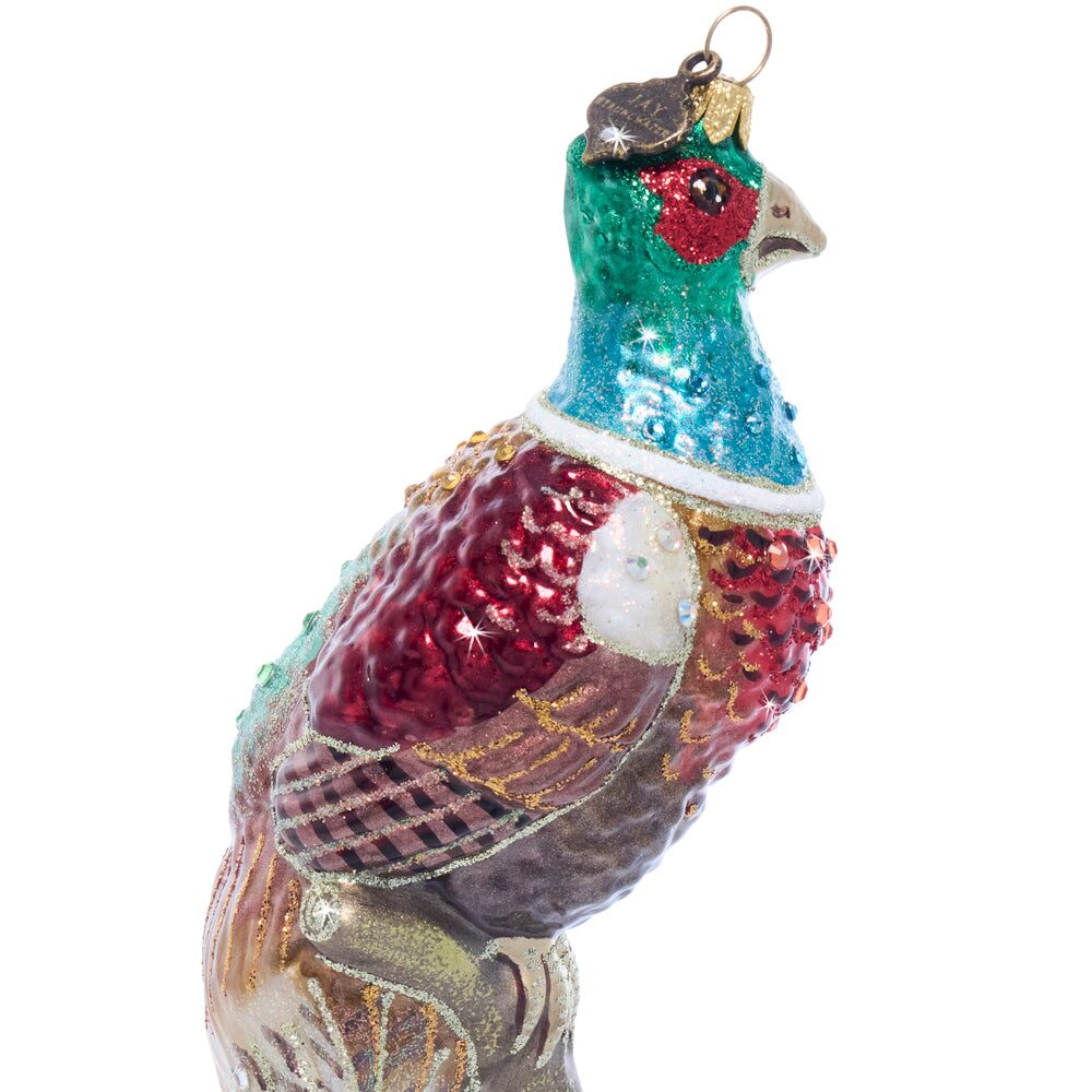 Jay Strongwater Pheasant Glass Ornament, detail view