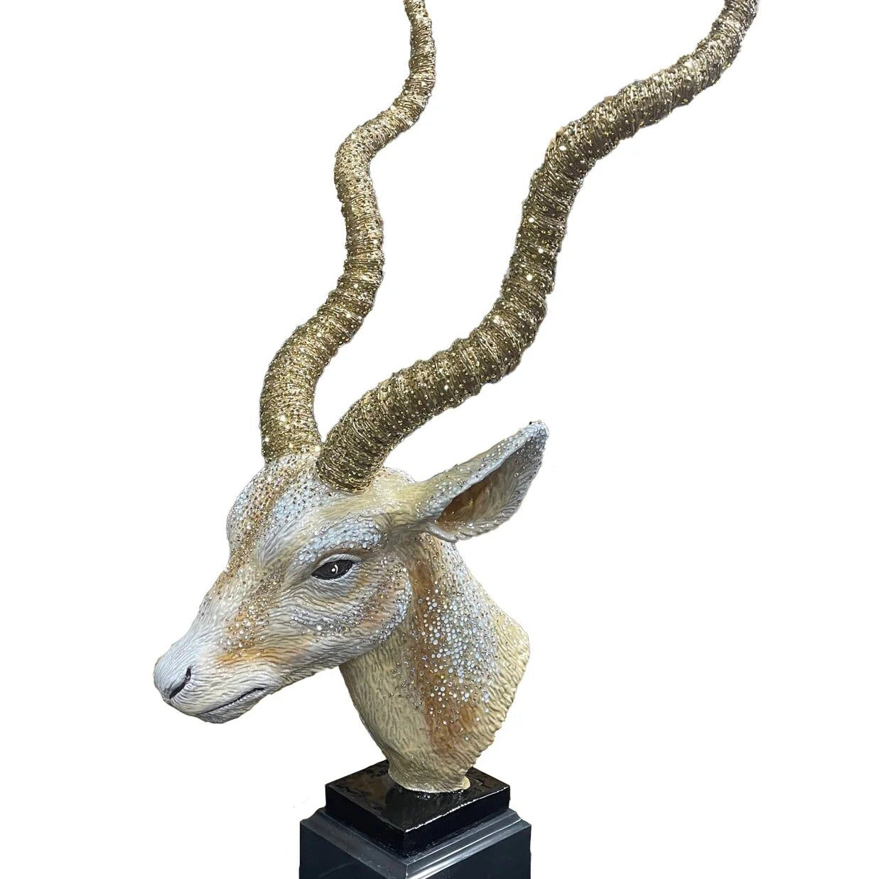 Jay Strongwater White and Gold Antelope Objet - Black Marble Base Figurine