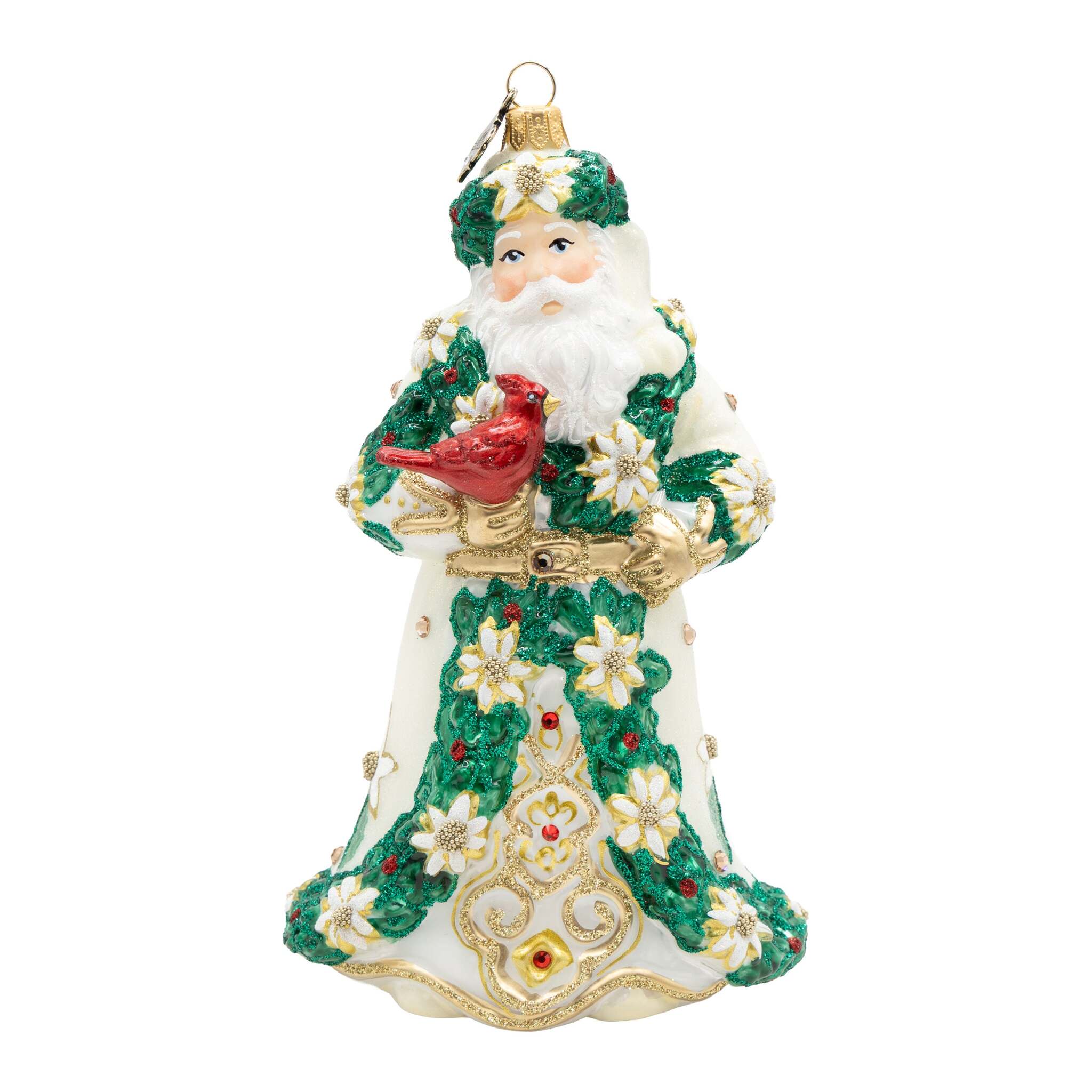 Jay Strongwater White and Gold Poinsettia Santa Ornament