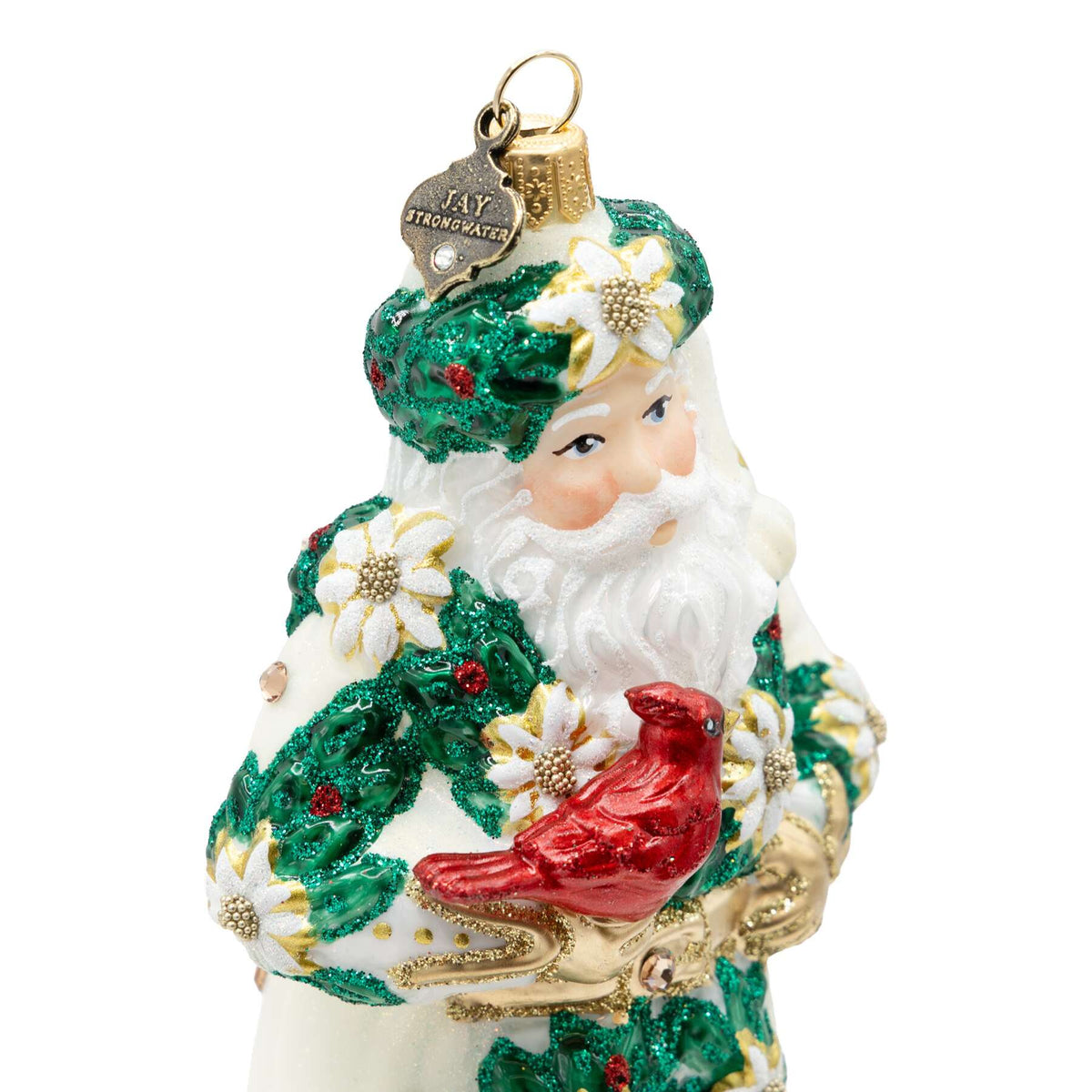 Jay Strongwater White and Gold Poinsettia Santa Ornament, alternate view