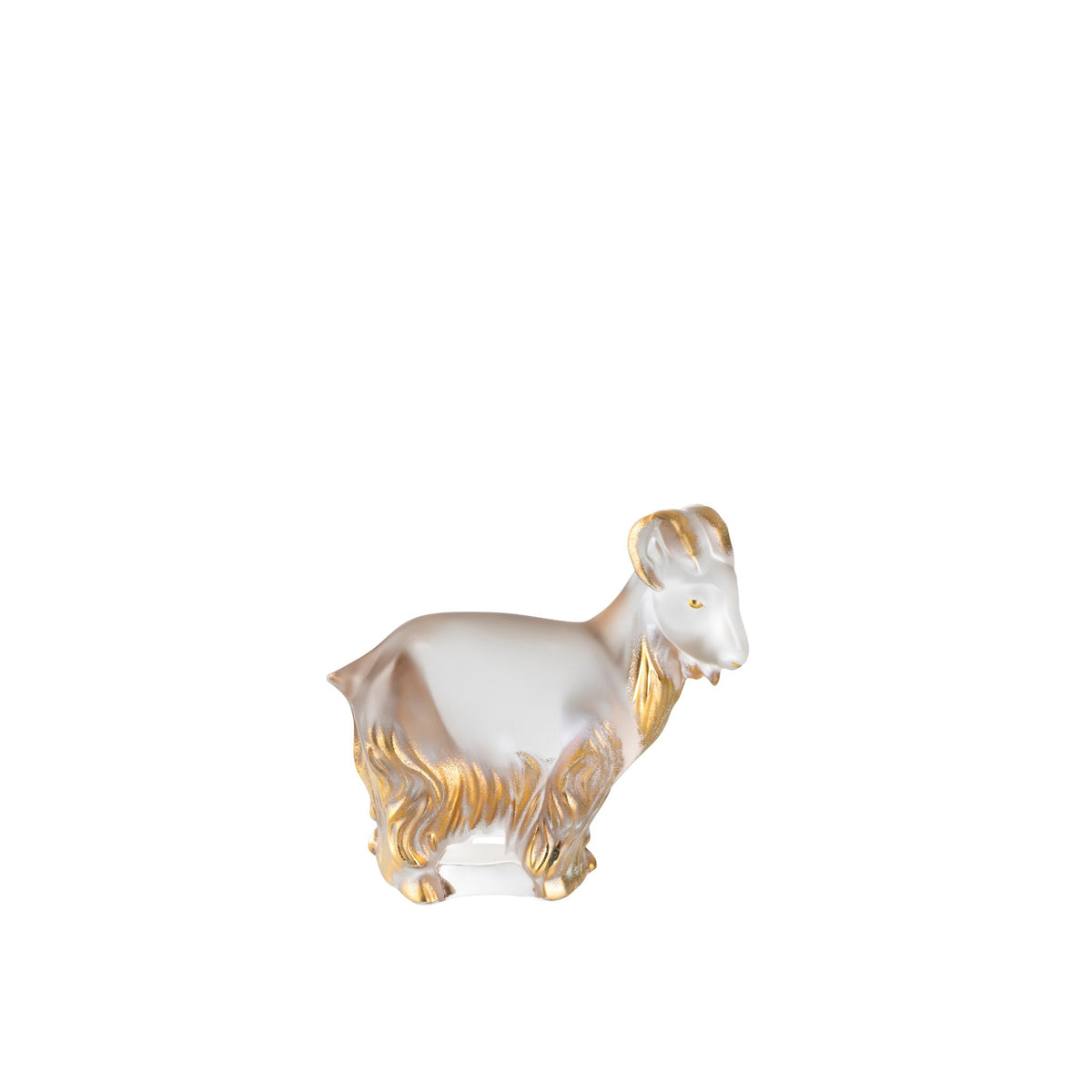 Lalique Goat Sculpture in Clear & Gold on a white background