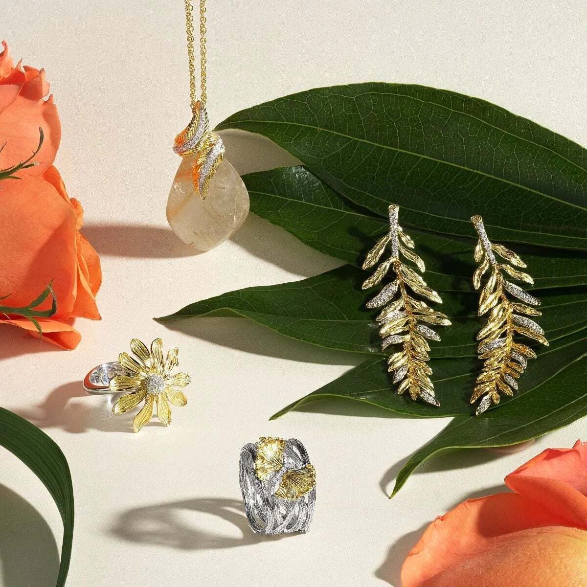 Michael Aram Feather Wrap Necklace W/ Rutilated Quartz & Diamonds in 18K Yellow Gold, alternate view