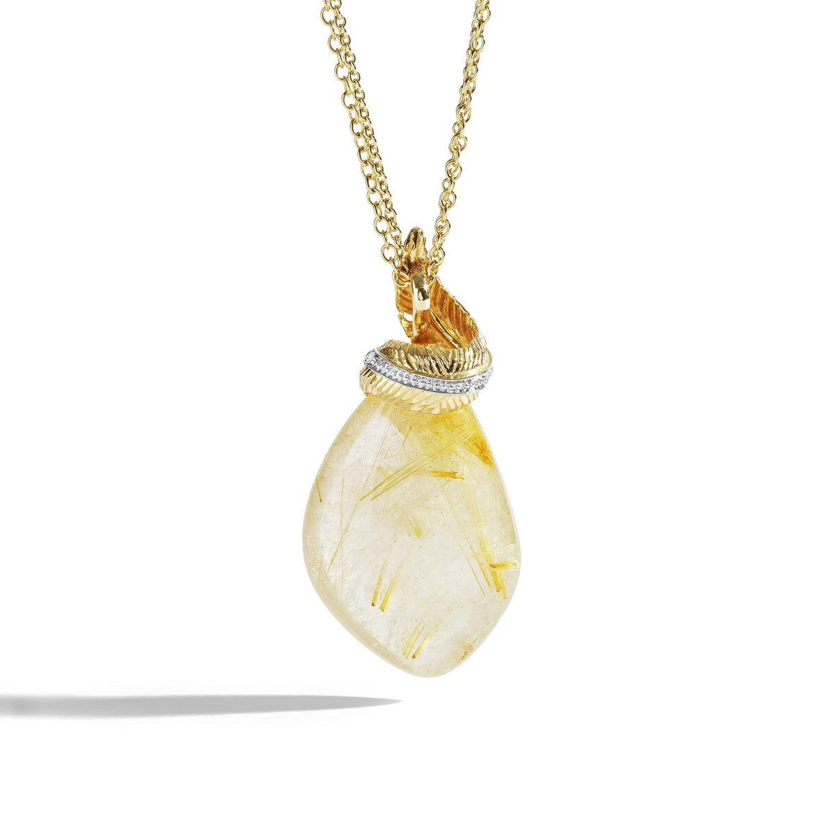 Michael Aram Feather Wrap Necklace W/ Rutilated Quartz & Diamonds in 18K Yellow Gold, alternate view