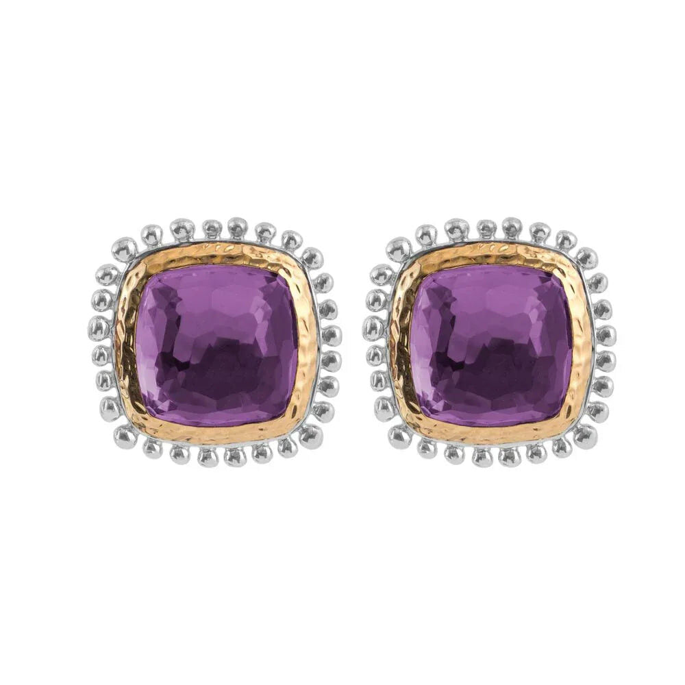 Michael Aram Molten 12mm Cushion Earrings W/ Amethyst in 18K Yellow Gold & Sterling Silver