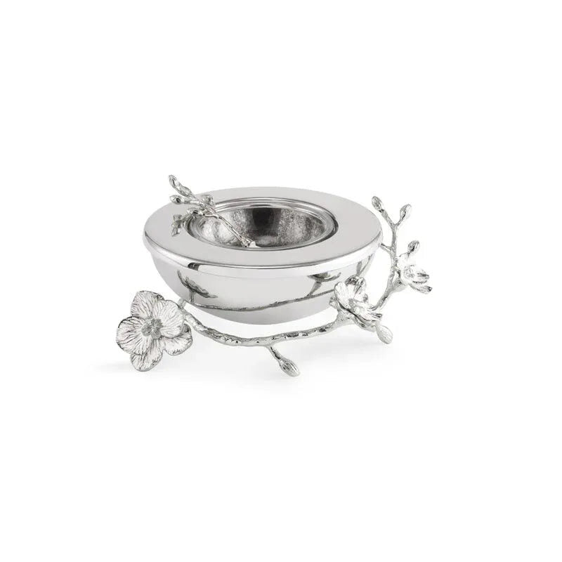 Michael Aram Silver Orchid Caviar Dish with Spoon Condiment Pot
