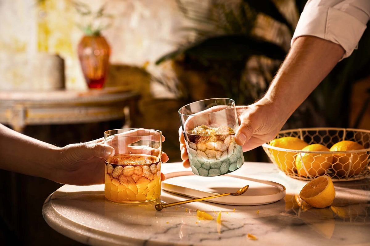 Moser Whisky Set Pebbles Tumblers 370 ml, Set of 6 Colors in a styled setting