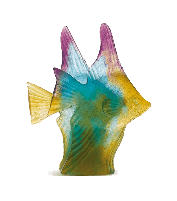 Daum Fish Couple Sculpture in Amber Green, handcrafted Daum crystal