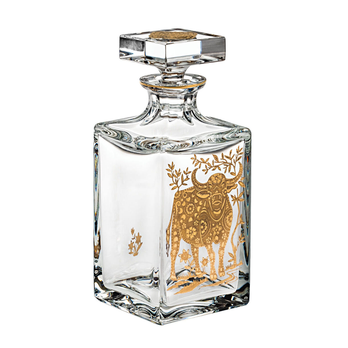 Vista Alegre Golden Whisky Decanter with Gold Ox on a white background