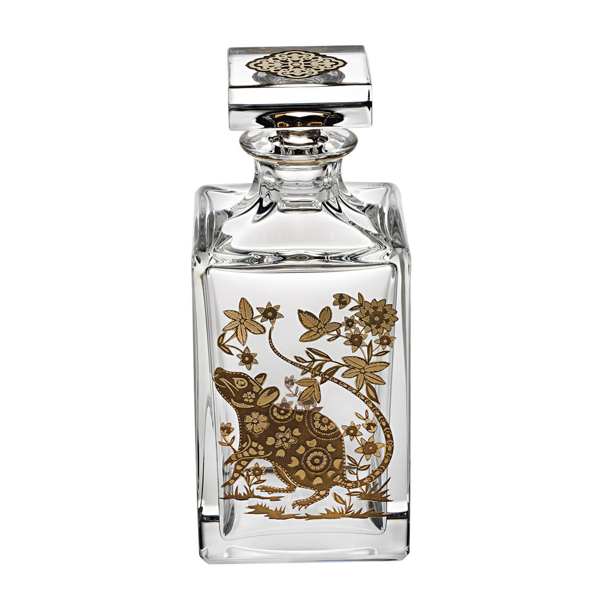 Vista Alegre Golden Whisky Decanter with Gold Rat on a white background