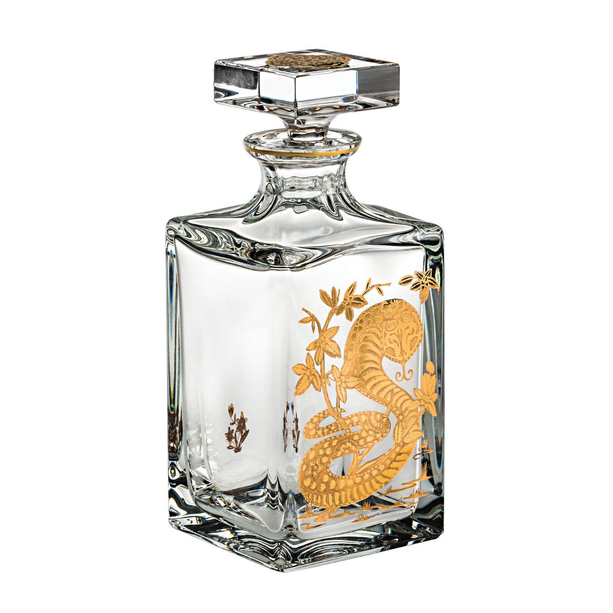 Vista Alegre Golden Whisky Decanter with Gold Snake on a white background