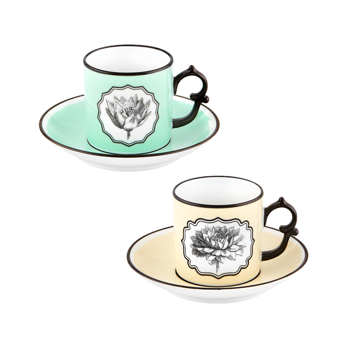 Vista Alegre Herbariae Set of 2 Coffee Cups and Saucer Yellow and G on a white background