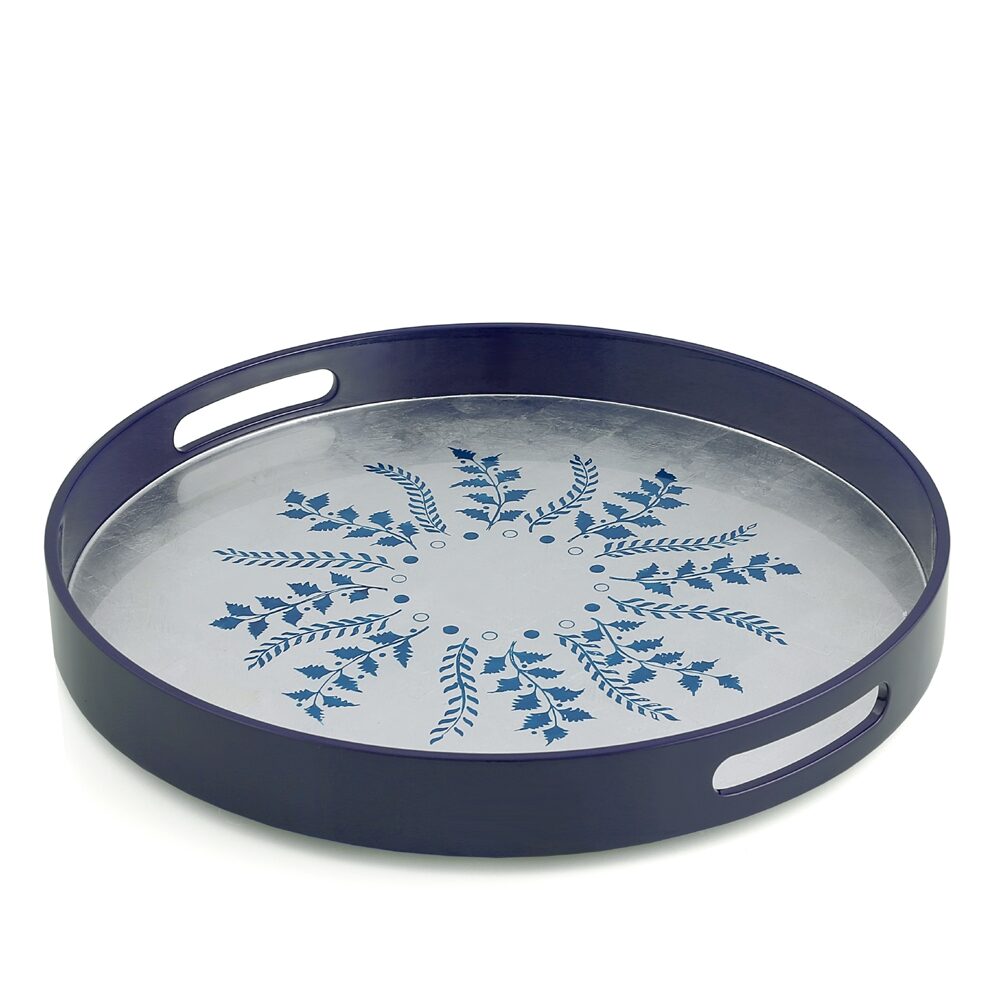 William Yeoward Blue/Silver Fern Round Tray in Blue, handmade crystal, on a white background