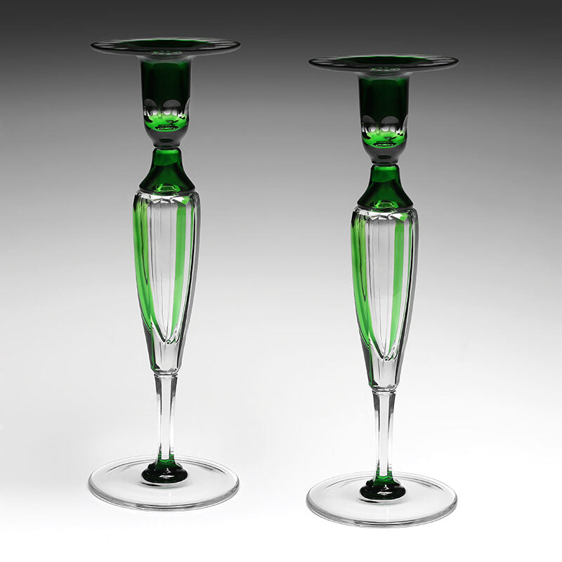 William Yeoward Emerald Pair of Candlesticks 12" / 30.5cm in Emerald, handmade crystal, detail view