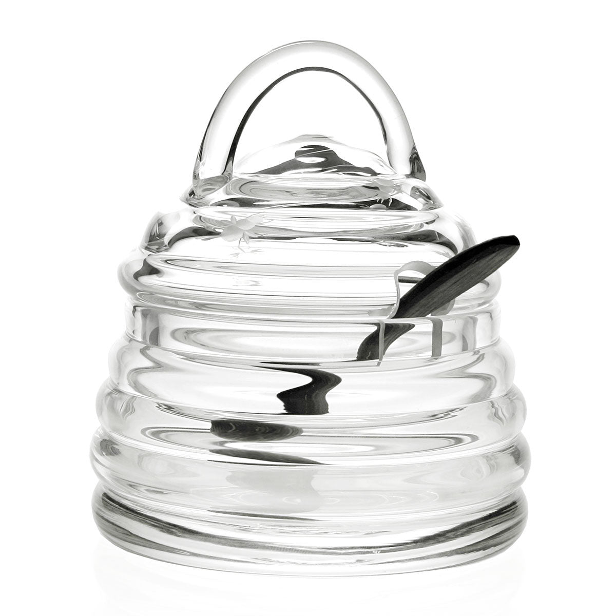 William Yeoward Honeybee Honey Jar, handmade crystal, on a white background