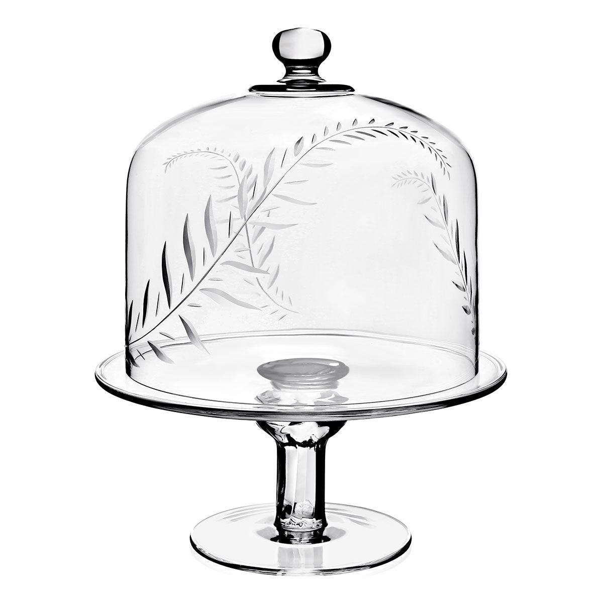 William Yeoward Jasmine Cake Dome & Stand 12¾" / 32.5cm, handmade crystal, on a white background