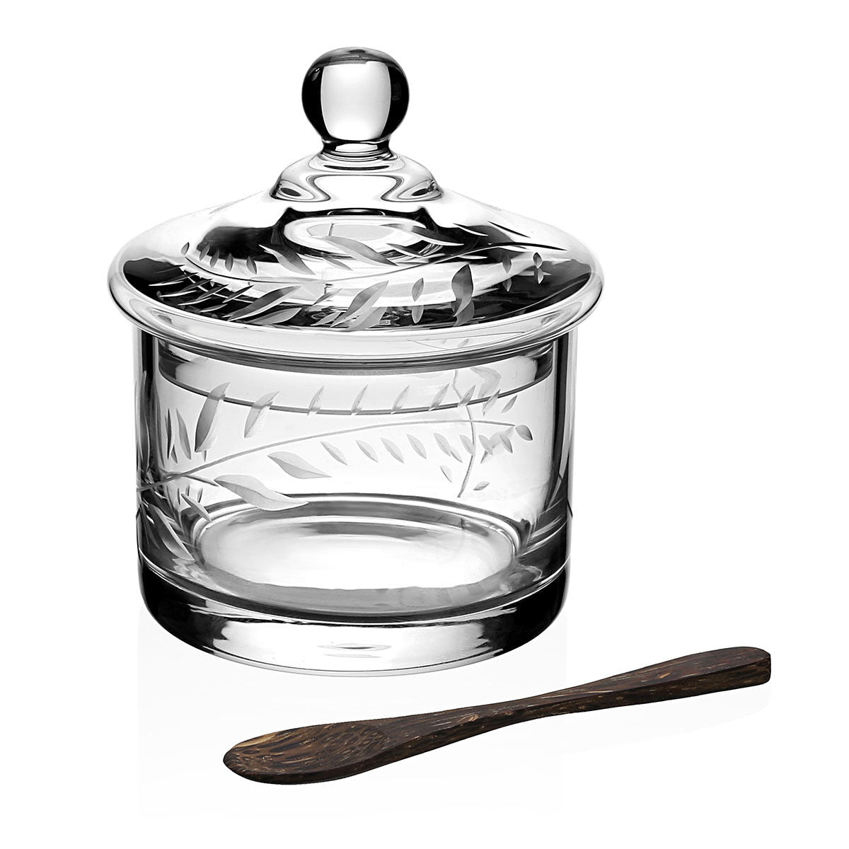 William Yeoward Jasmine Covered Honey with spoon, handmade crystal, on a white background