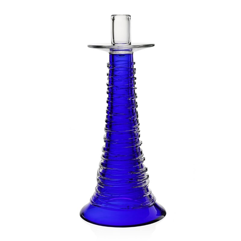 William Yeoward Miranda Candlestick Ocean Blue in Blue, handmade crystal, on a white background