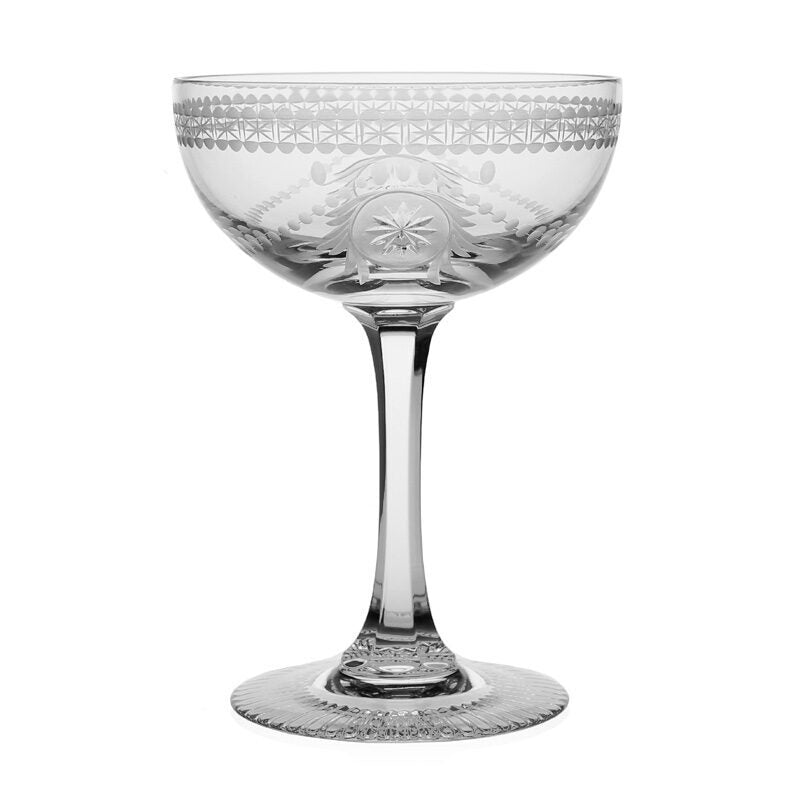 William Yeoward Pearl Champagne Coupe, handmade crystal, on a white background
