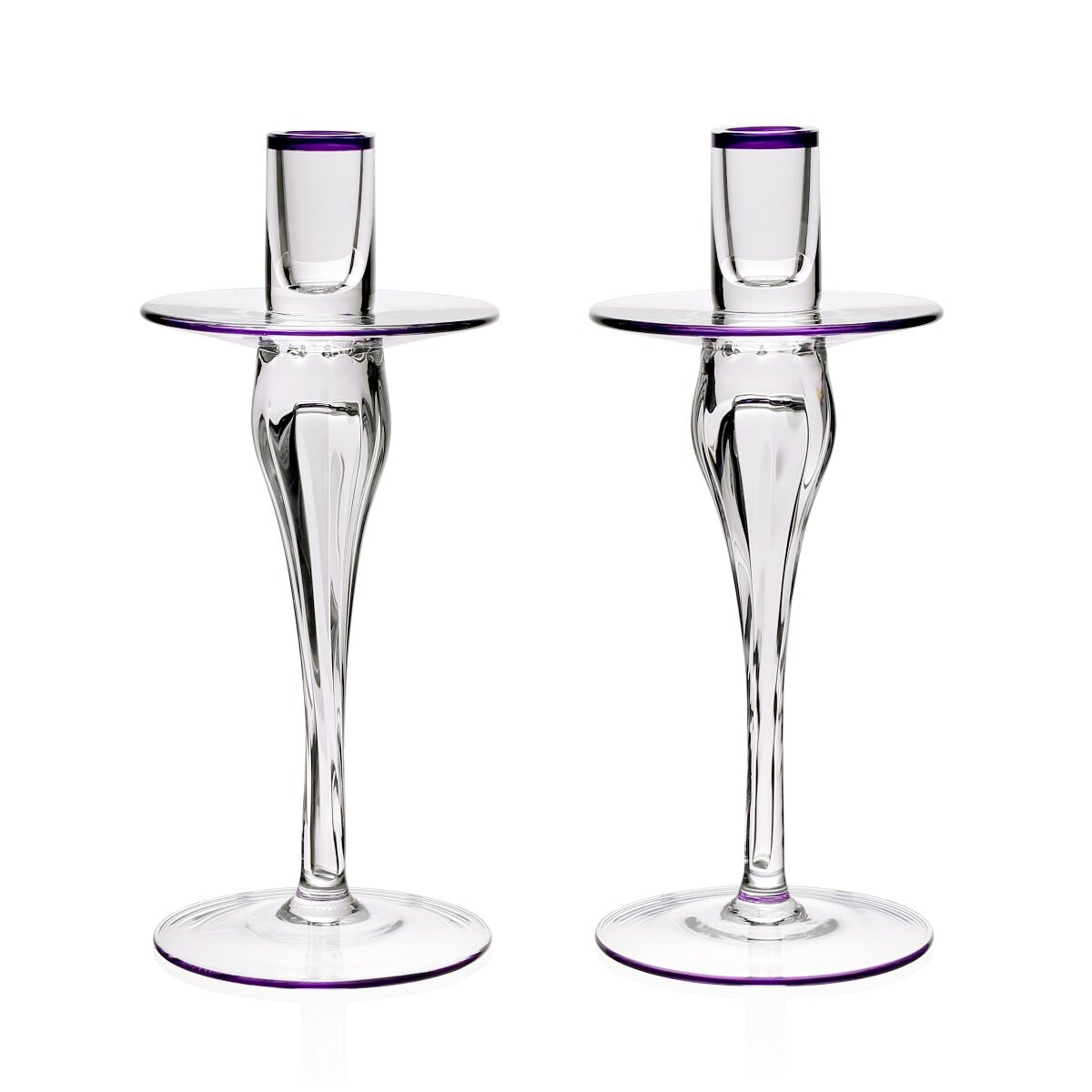 William Yeoward Siena Pair of Candlesticks Amethyst, handmade crystal, on a white background