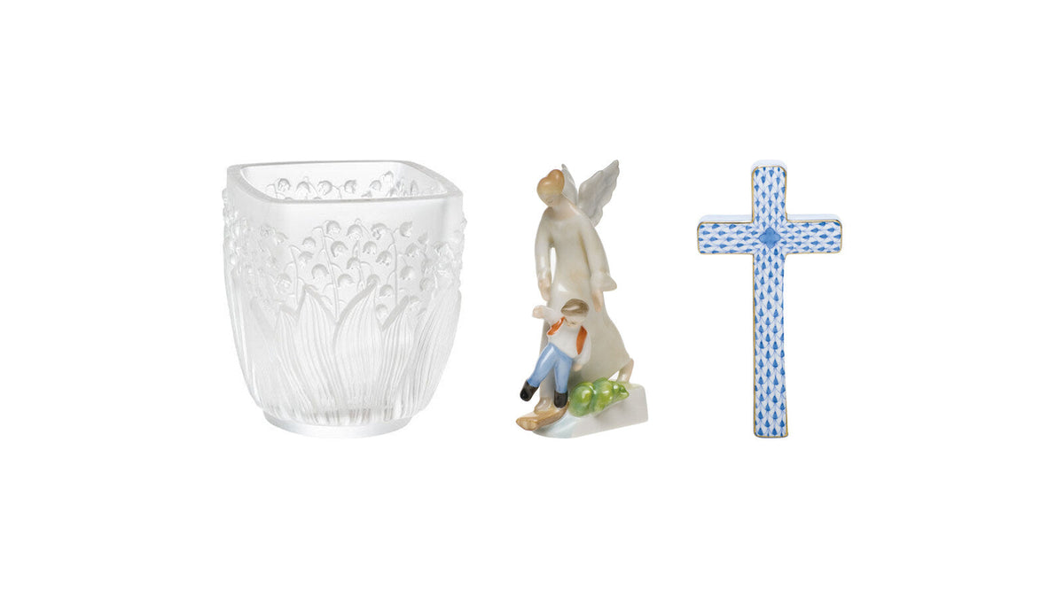 Lalique Muguet crystal votive, Herend Guardian Angel figurine and Herend porcelain cross - remembrance gifts for All Saints' Day