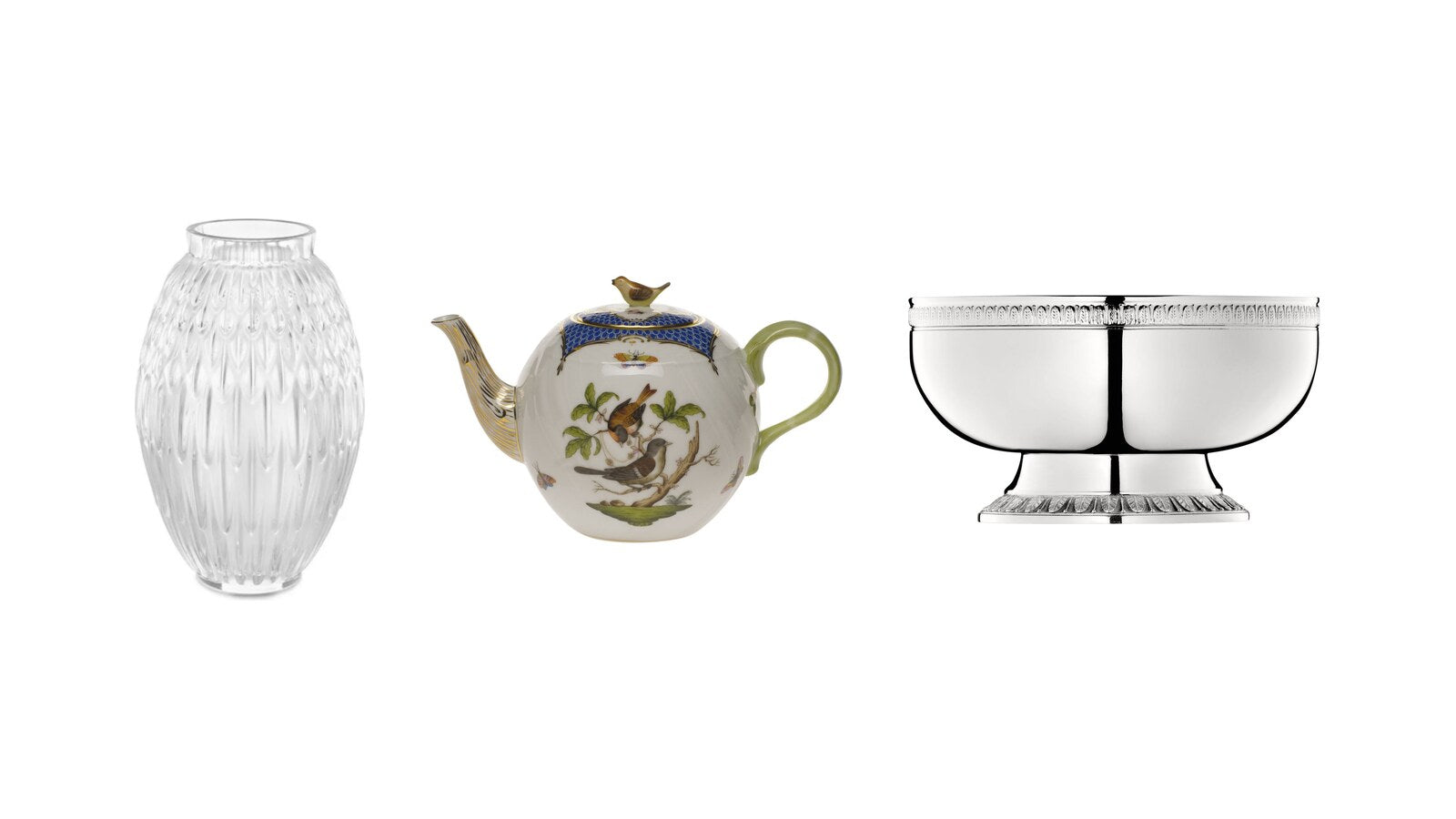 Lalique Plumes vase, Herend Rothschild Bird teapot and Christofle Malmaison silver-plated bowl