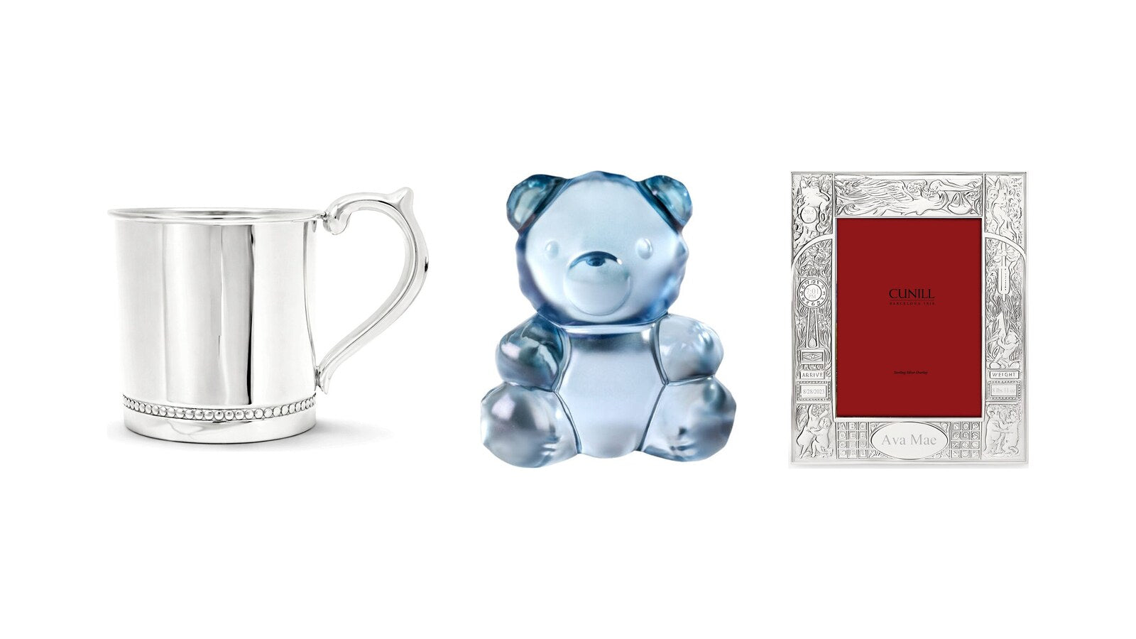 Cunill sterling silver baby cup, Lalique Teddy Air crystal bear and Cunill stork birth record frame
