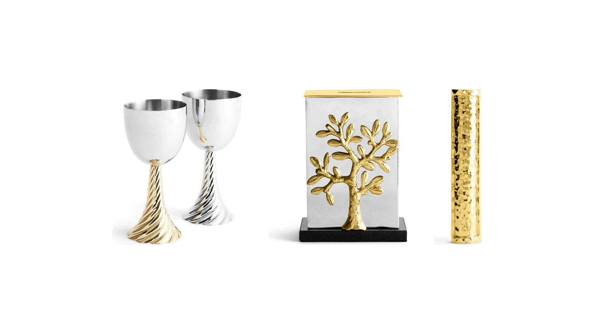Michael Aram Twist kiddush cup, Tree of Life tzedakah box and Hammertone gold mezuzah – bar and bat mitzvah gifts