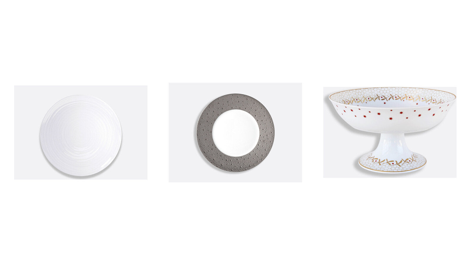 Bernardaud Origine white service plate, Ecume Platine dinner plate and Noël footed coupe in Limoges porcelain