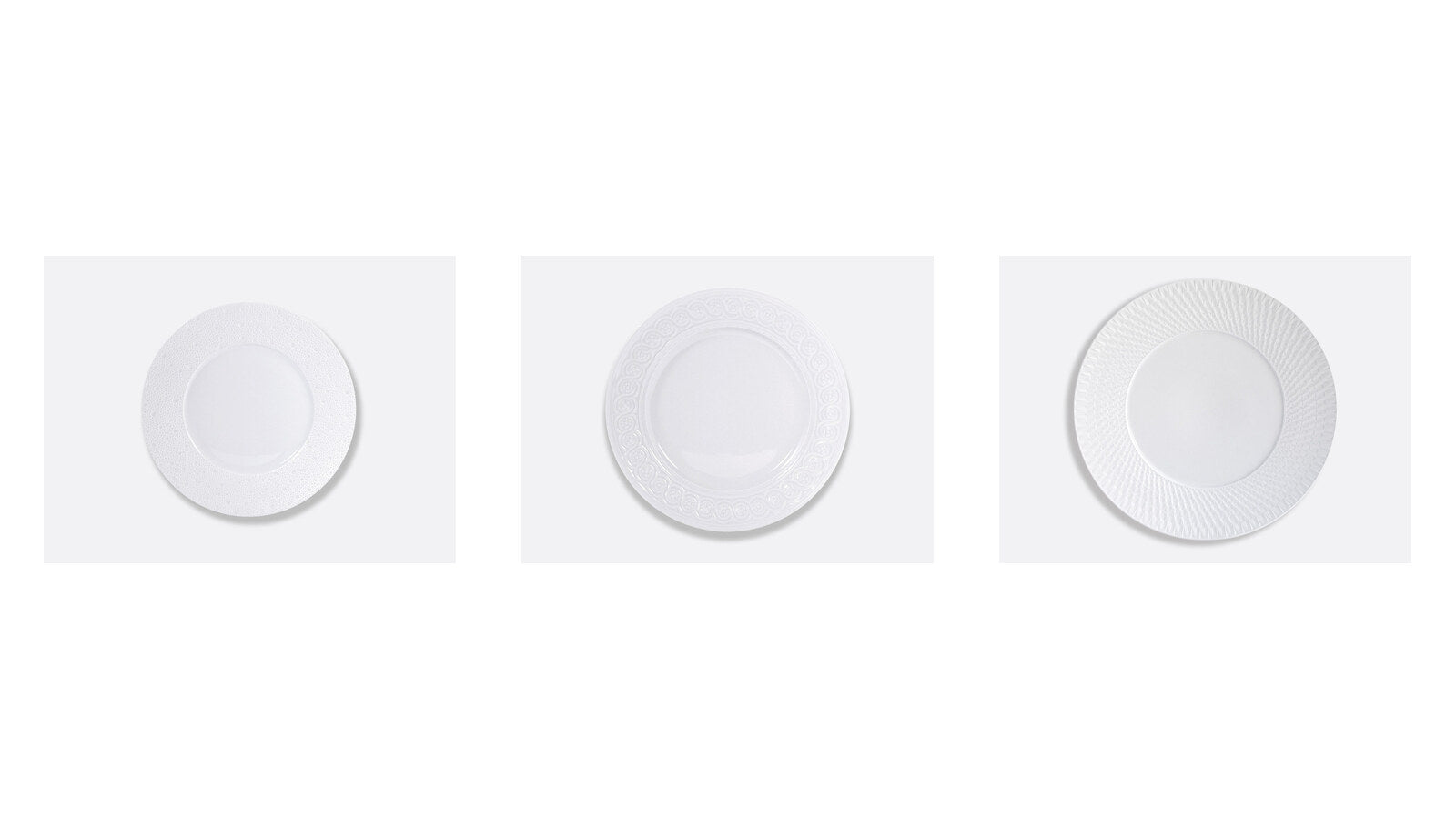 Bernardaud Ecume, Louvre and Twist white Limoges porcelain plates