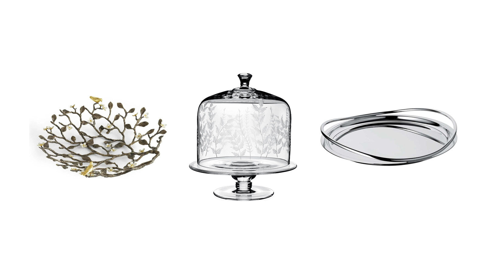 Michael Aram Lovebirds bowl, William Yeoward Fern cake stand and Christofle Vertigo tray – bridal shower gifts