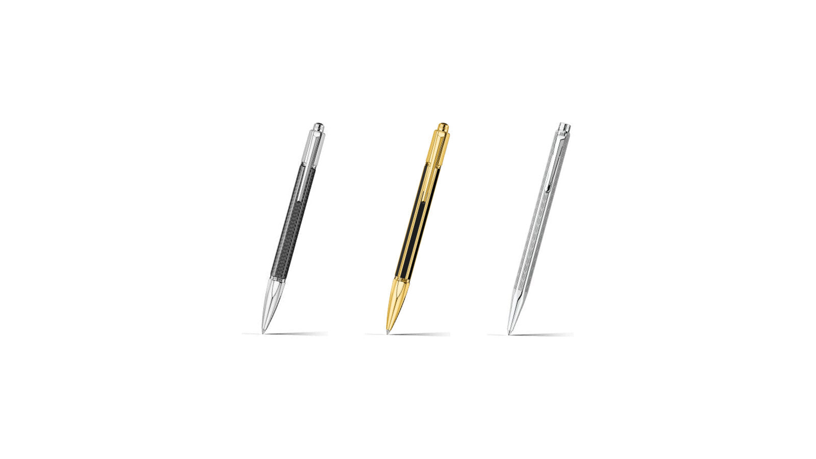 Caran d'Ache Varius Carbon ballpoint pen, Varius China Black gold-plated ballpoint pen and Ecridor Chevron palladium-coated ballpoint pen