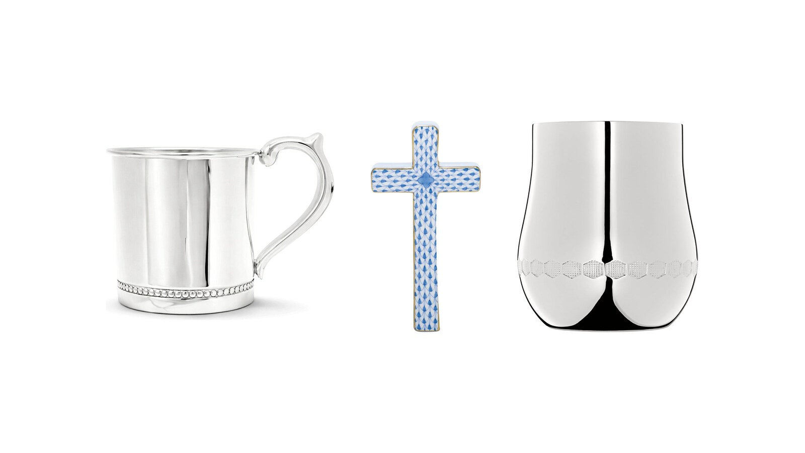 Cunill beaded sterling silver baby cup, Herend porcelain cross and Christofle Beebee baby cup – christening and baptism gifts