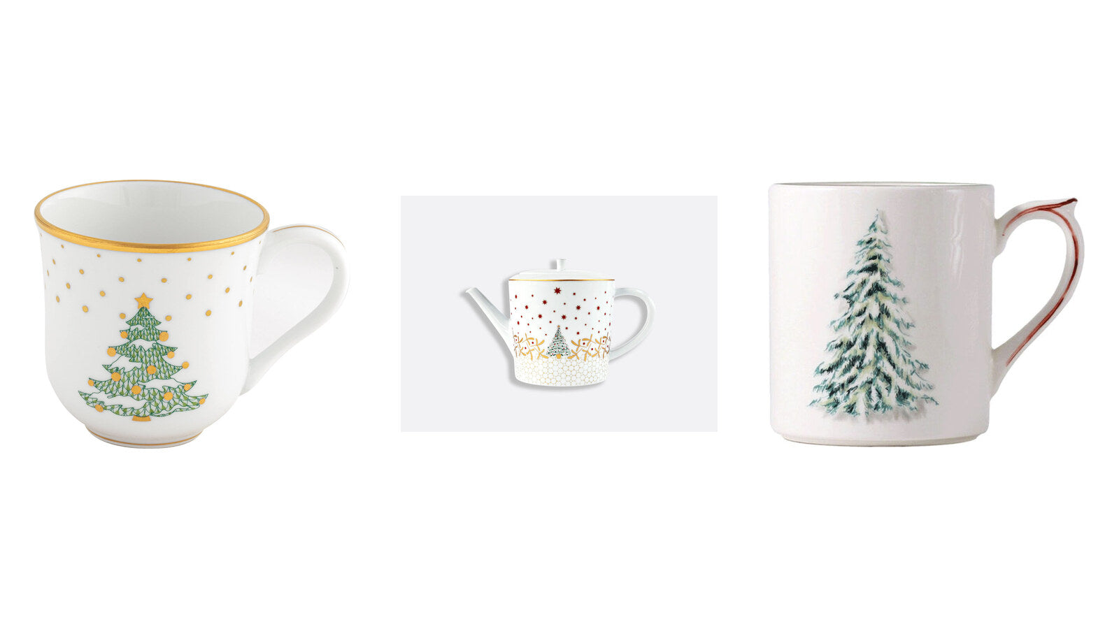 Herend Christmas Tree mug, Bernardaud Noël hot beverage server and Gien Filet Noël mug for a Christmas morning brunch