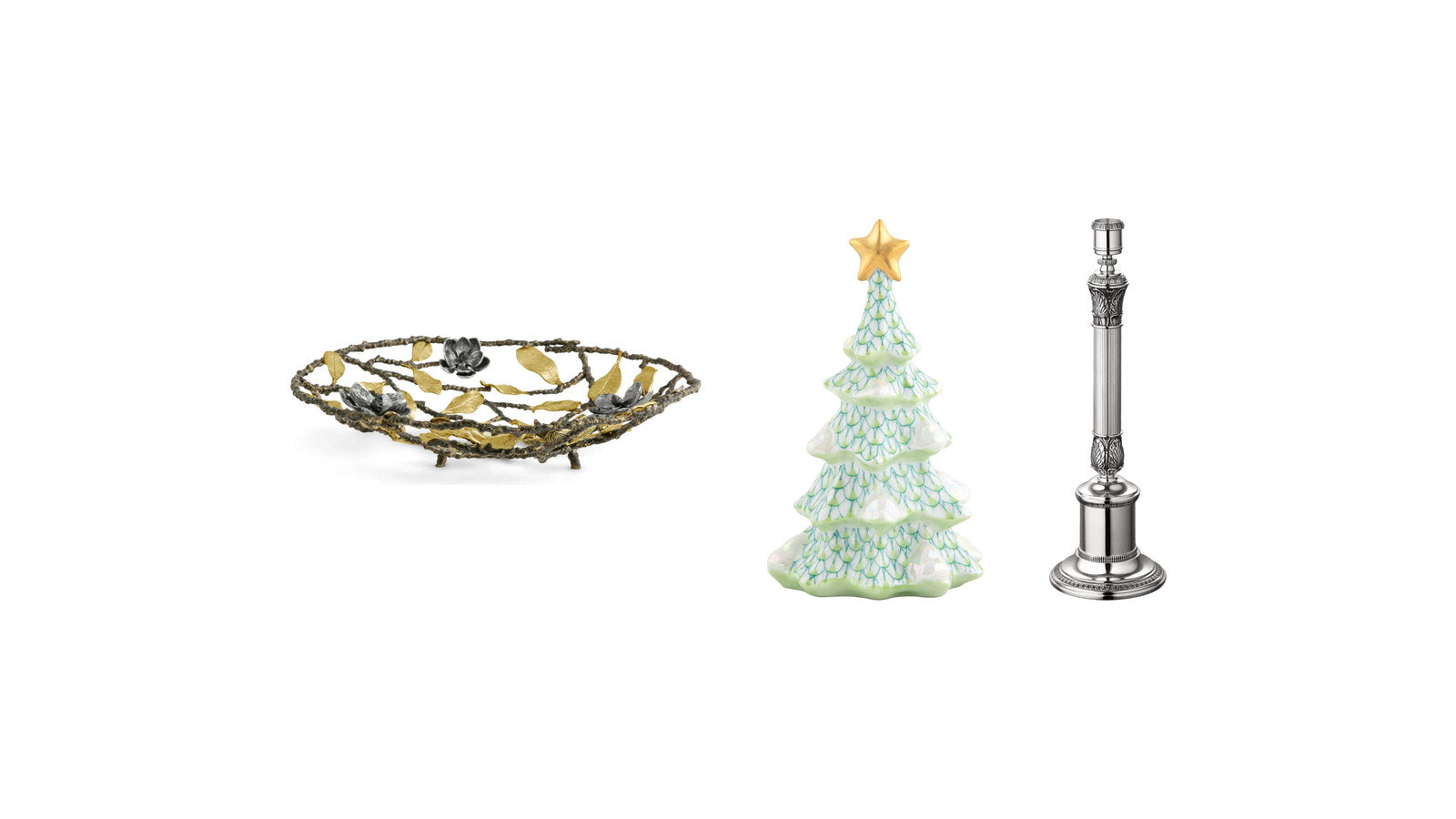 Michael Aram Vintage Bloom centerpiece bowl, Herend porcelain Christmas tree and Christofle Malmaison candlestick – Christmas table decorating ideas