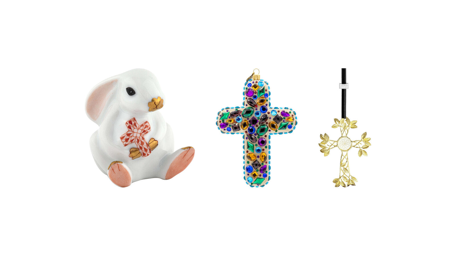 Herend Bunny with Cross figurine, Jay Strongwater Bejeweled Cross ornament and Michael Aram Eternity Cross ornament – communion and confirmation gifts