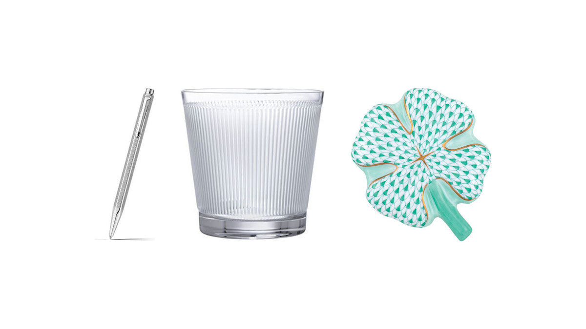 Caran d'Ache Ecridor ballpoint pen, Lalique Wingen crystal tumbler and Herend four leaf clover paperweight – corporate and client gifts