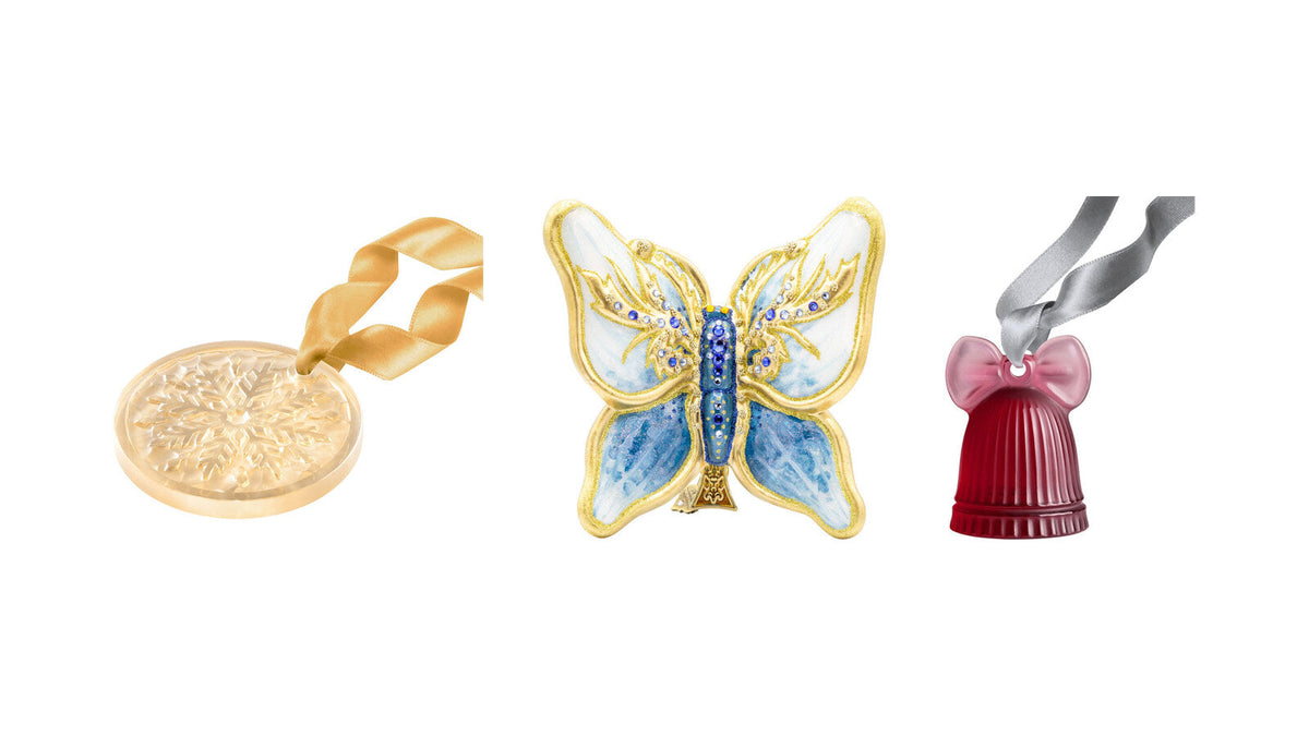 Lalique Frost crystal ornament, Jay Strongwater Blue Papillon jeweled ornament and Lalique red crystal Christmas bell