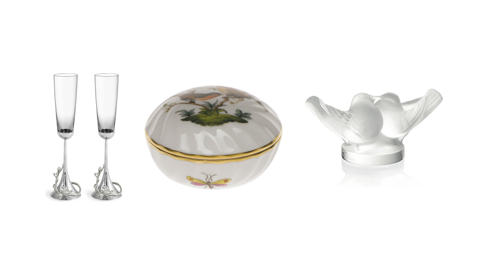 Michael Aram White Orchid toasting flutes, Herend Rothschild Bird ring box and Lalique crystal lovebirds – engagement gifts