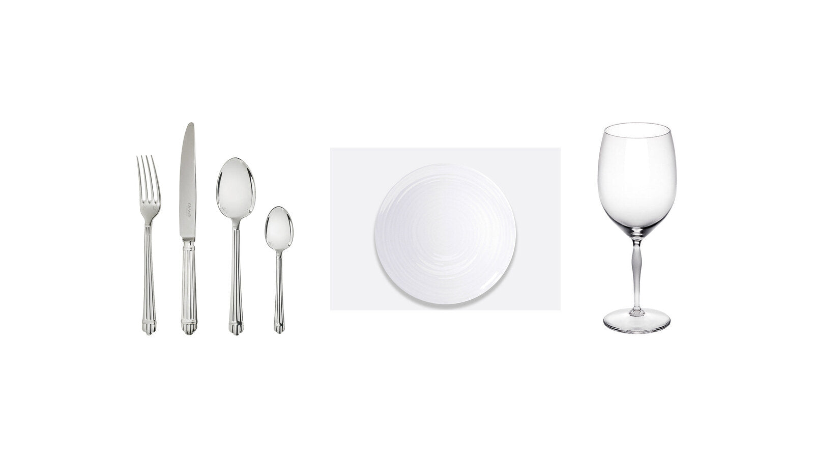 Christofle Aria silver-plated flatware, a white Bernardaud Origine service plate and a Lalique 100 POINTS crystal wine glass