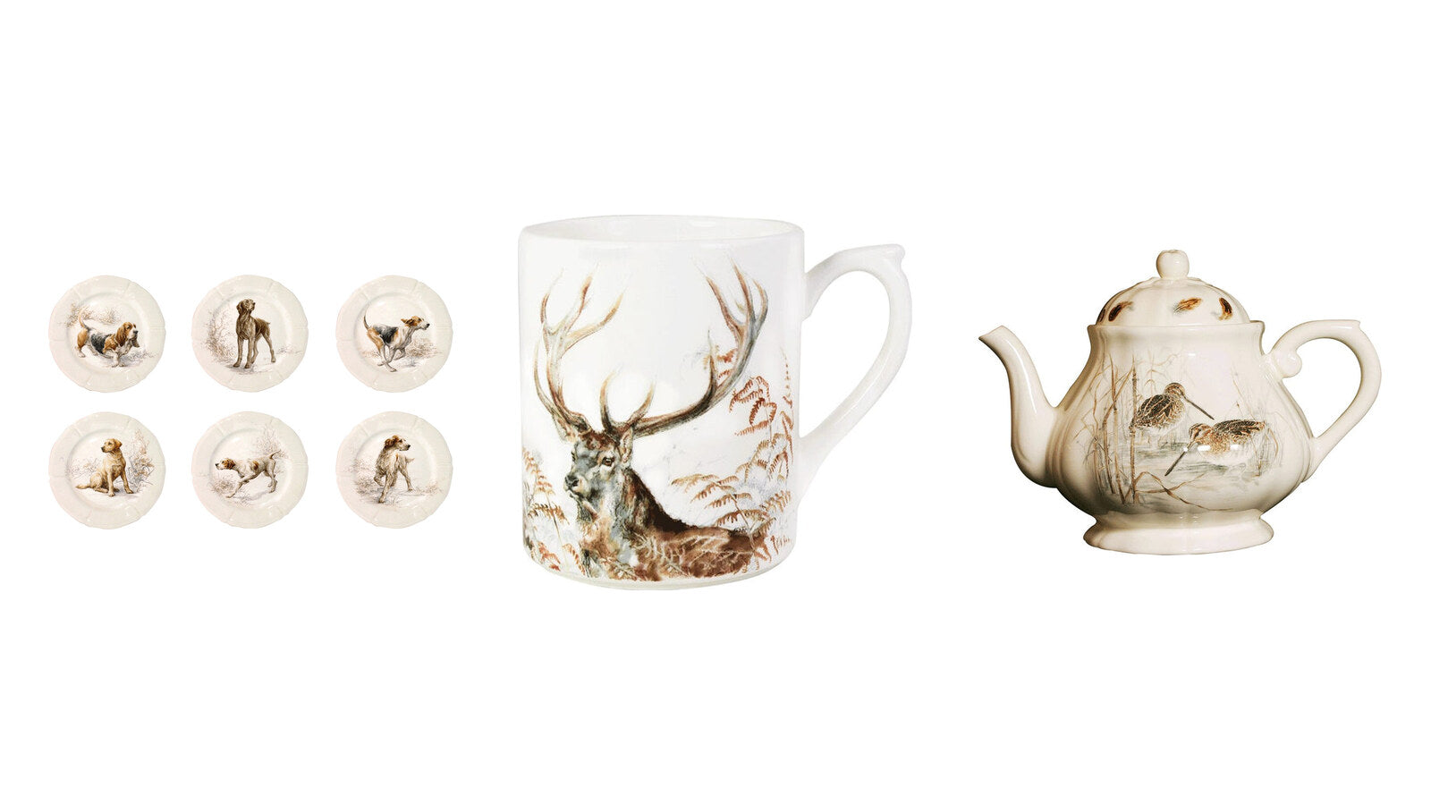 Gien Sologne assorted dessert plate, stag mug and teapot in French faience