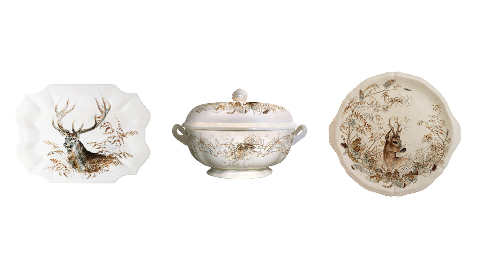 Gien Sologne stag serving platter, soup tureen and cake platter in French faience